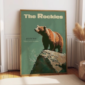Vintage Grizzly Bear Impresión Retro Caza Cartel Al aire libre Cartel de viaje Cartel Cabina Cabaña Pared Arte Montañas Rocosas Deportes Papá Para él Regalo
