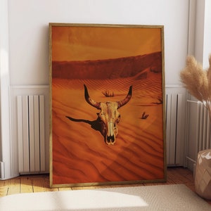 Vintage Kuh-Schädel-Western Art Print Retro Cowboy Cowgirl Kunst Southwestern Boho Art Sonora-Wüste Arizona-Druck Terrakotta-Orangen-Sonnenuntergang