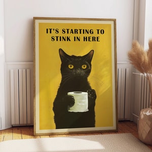 Funny Black Cat Bathroom Wall Art Poster Stinky Pooping Cat Holding Toilet Paper Yellow Vintage Humor Art Illustration