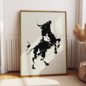 Impresión de pintura vintage de toro salvaje en blanco y negro, arte de rodeo retro, arte abstracto occidental, decoración bohemia del suroeste, arte mural de vaquera
