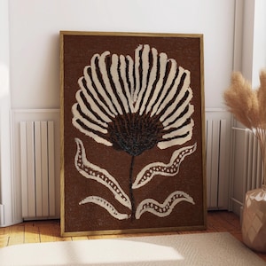 Brunt botaniskt blomtryck, folkkonst blommig väggkonst, jordig krämfärgad abstrakt blomposter, bohemisk botanisk dekor, rustikt växttryck