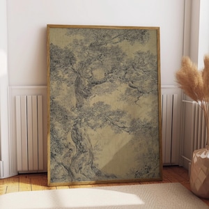 Ilustración de pino, impresión vintage de bosque, póster de naturaleza de inspiración japonesa antigua, decoración de bosque zen, arte mural botánico melancólico