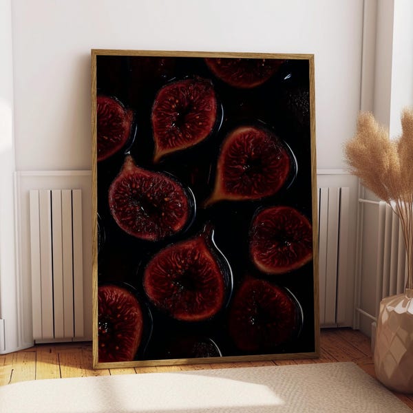 Fig Print Wall Art, Dark Moody Fruit Photography Poster, Deep Red Black Kitchen Decor, Botanical Food Art, Dark Academia Dining Room Print