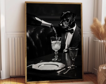 Cane Labrador nero a cui viene servito champagne. Divertente stampa in bianco e nero di un cane. Poster di bevande in stile vintage per la decorazione della parete del bar.