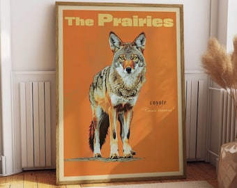 Vintage Coyote Print, The Prairies Print Retro Outdoors Poster, Saskatchewan Canada Cabin Cottage Wall Art, Outdoor Sports, Dad Gift for Him