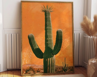 Vintage Western Art Print Cactus Retro Cowboy Cowgirl Art Southwestern Boho Art Sonoran Desert Arizona Print Terracotta Orange Sunset