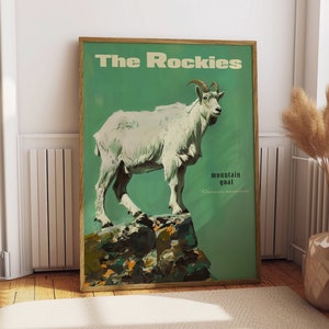 impression vintage de chèvre de montagne, affiche d'extérieur rétro, affiche de voyage, art mural chalet, sports de plein air, cadeau papa pour lui, montagnes Rocheuses