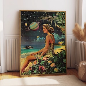 May include: A woman in a gold dress sits on a beach with a tropical background. The sky is filled with stars and planets. The woman is looking off to the side, and the scene is surreal and dreamlike.