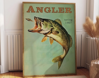 Barsch Angeln Vintage Poster Art Retro Reise Poster Cabochon Wand Dekor Outdoor Sport Angler Fischer Illustration Vatertag Geschenk für Papa