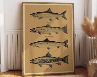 Póster vintage de pesca con mosca de trucha y salmón, decoración de pared de cabaña retro, ilustración de pescador deportivo al aire libre, regalo para el Día del Padre.