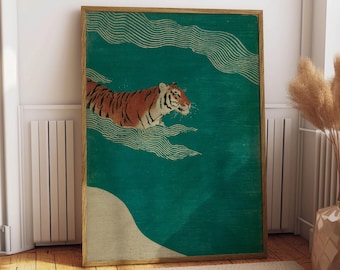 Japanese Tiger Swimming Print, Vintage Ukiyo-e Wall Art, Asian Inspired Animal Poster, Minimalist Tiger Decor, Japanese Woodblock Art