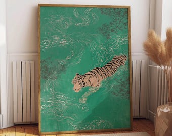 Swimming Tiger Print, Japanese Wall Art, Asian Inspired Animal Poster, Vintage Ukiyo-e Wall Art,  Maximalist Tiger Decor, Teal Green Art