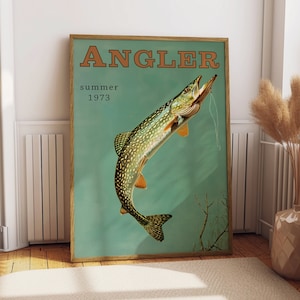 Stampa vintage di pesca del luccio settentrionale, poster di viaggio retrò, arte della parete del cottage in cabina, pescatore di sport all'aria aperta, regalo di padre papà per lui