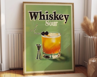 Vintage Whiskey Sour Cocktail Poster Vintage Beverage Poster Bar Wall Decor Retro Cocktail Poster for Bar Room Poster for Games Room