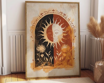 May include: A beige canvas print with a black and red illustration of a sun and moon with a face. The sun and moon are surrounded by stylized flowers in shades of brown and yellow.