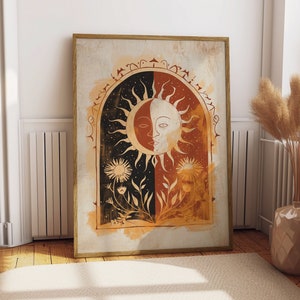 Póster de arte solar, ilustración de arte popular místico, estampado espiritual floral, arte de pared bohemio con rosas botánicas, tonos tierra, decoración de dormitorio con calma floral