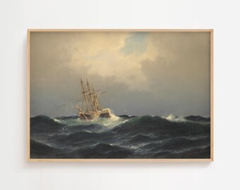 嵐の海に浮かぶ大型帆船のアンティーク油絵、オリジナルの海洋アート