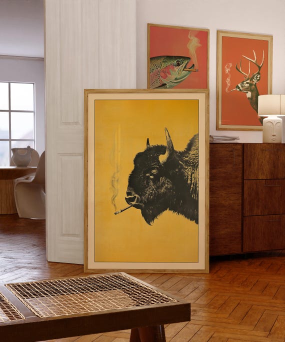 Bison Smoking a Cigarette Vintage Poster Art Funny Buffalo Retro