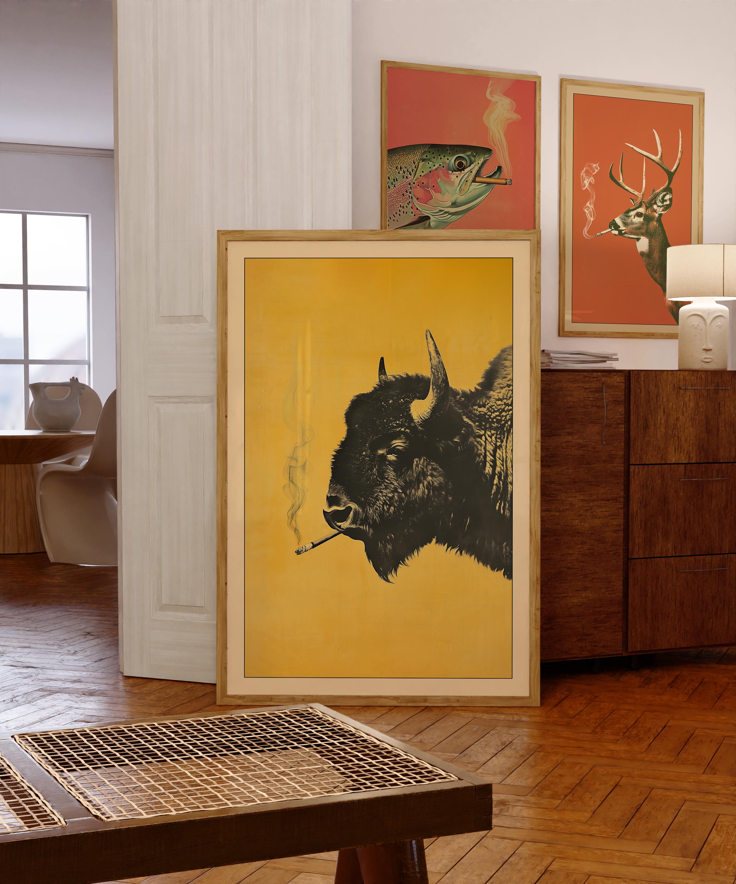 Bison Smoking a Cigarette Vintage Poster Art Funny Buffalo Retro