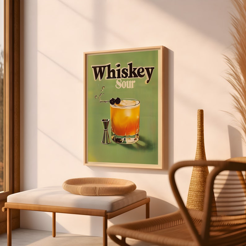 May include: A vintage-style poster with a green background featuring a glass of whiskey sour with two cherries on a stick. The text "Whiskey Sour" is printed in black letters.