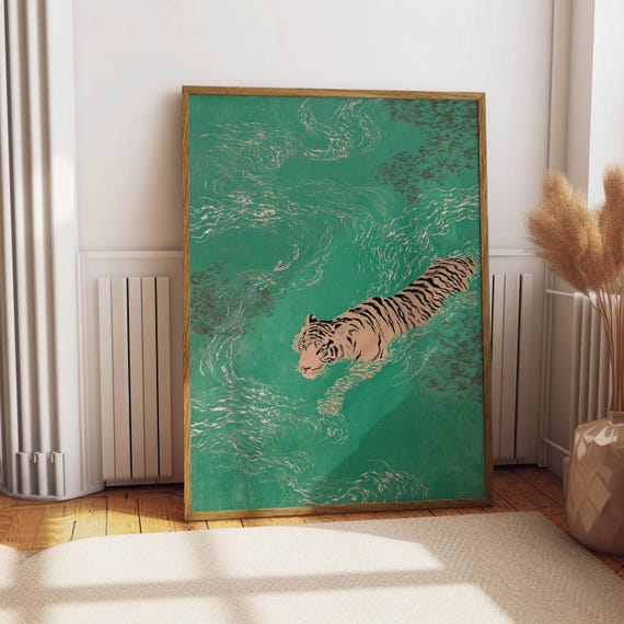 Swimming Tiger Print, Japanese Wall Art, Asian Inspired Animal Poster, Vintage Ukiyo-e Wall Art,  Maximalist Tiger Decor, Teal Green Art