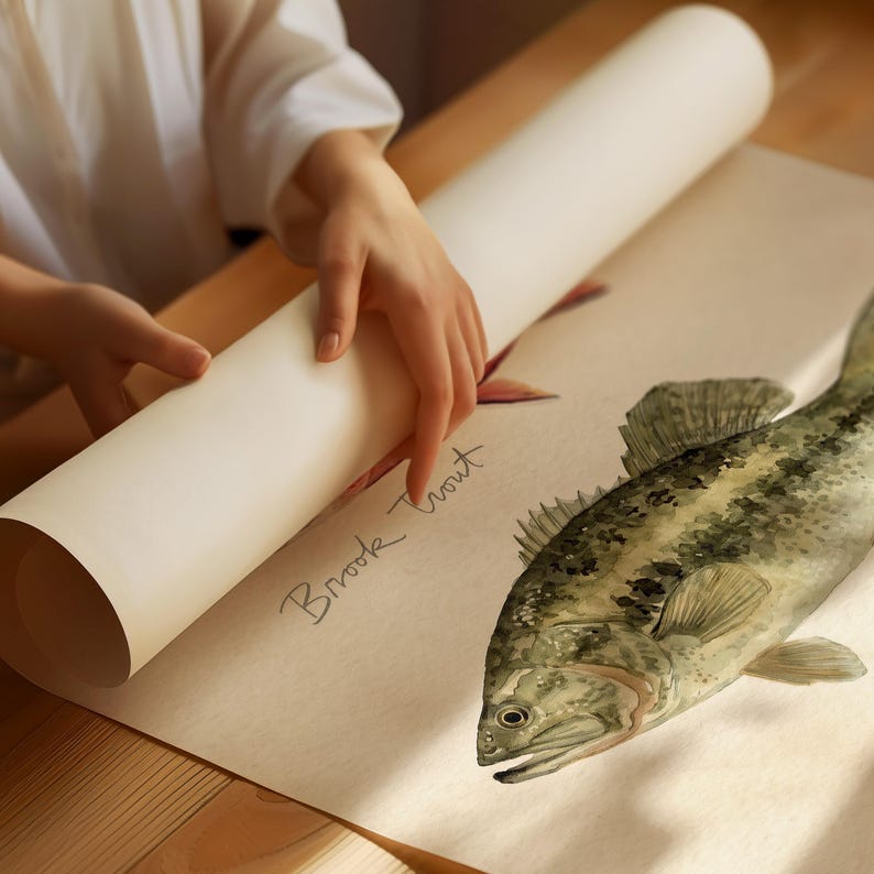 Puede incluir: Ilustraci&oacute;n detallada a la acuarela de un pez trucha de arroyo. La obra de arte est&aacute; sobre papel color crema, con las escamas y aletas del pez representadas en tonos verdes, marrones y amarillos. Las palabras "Brook Trout" est&aacute;n escritas a mano.