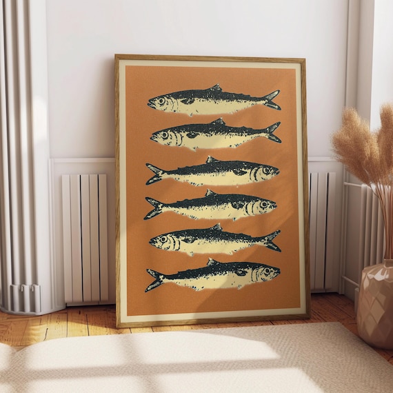 Retro Pop Art Sardines Print, Vintage Outdoors Magazine Poster, Cabin Cottage Wall Art, Fishing Wall Decor, Poster for Dad