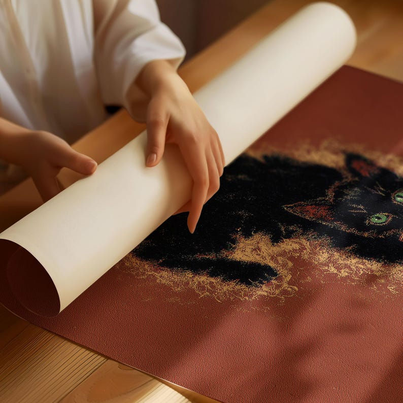 May include: A rolled-up, off-white canvas print being unrolled to reveal a black cat illustration with green eyes and red accents. The cat is set against a reddish-brown background with gold-colored accents.