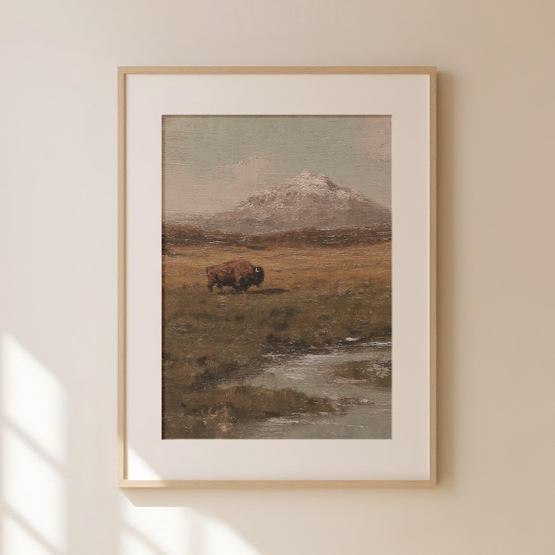 Lone Bison in a Field Vintage Oil Painting Print Rustic Antique Retro ...