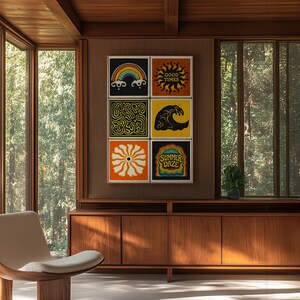 May include: A wooden mid-century modern style room with a series of framed art prints. The prints feature colorful retro designs, including a rainbow, sun, wave, and flower. The room has large windows and a wooden cabinet.