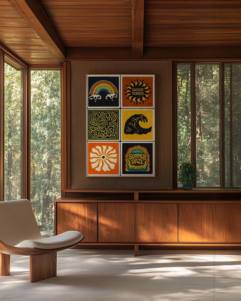 May include: A wooden mid-century modern style room with a series of framed art prints. The prints feature colorful retro designs, including a rainbow, sun, wave, and flower. The room has large windows and a wooden cabinet.