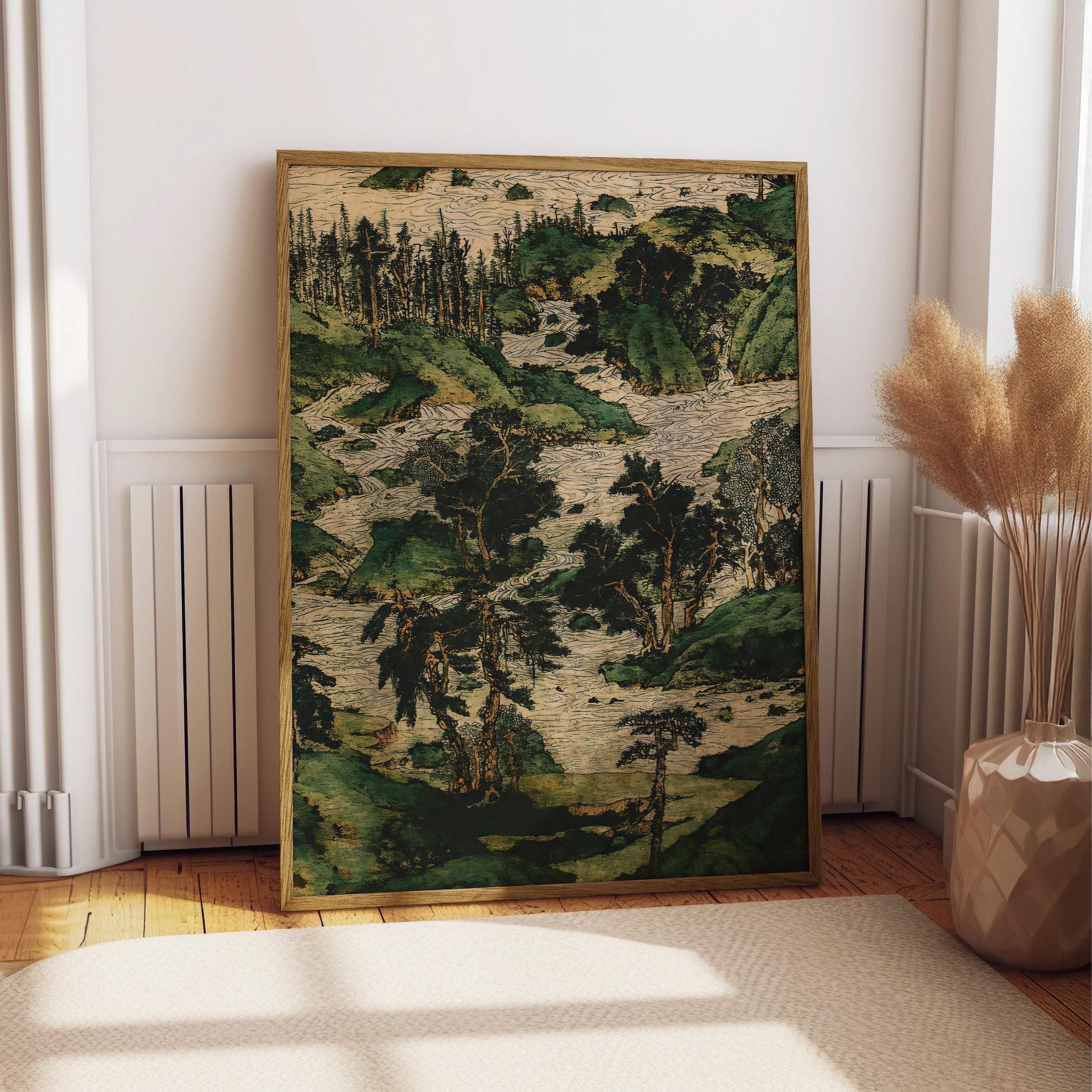 Vintage Japanese Landscape Print, Antique Green Forest River Wall Art ...