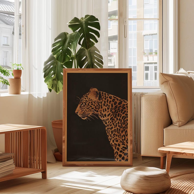 Vintage Leopard on Black Background Print Minimalist Safari Animal Wall Decor Retro Outdoors Poster African Savannah Cabin Cottage Wall Art image 4