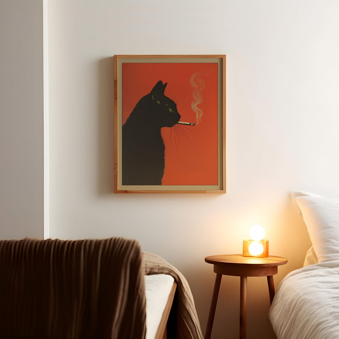 Black Cat Smoking a Cigarette Vintage Poster Art Retro Whimsical Print Funny Animal Wall D