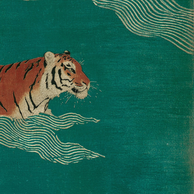 May include: A detailed illustration of a tiger in shades of orange and black, set against a teal background. The tiger is partially submerged in water, with stylized wave patterns in the foreground and background.