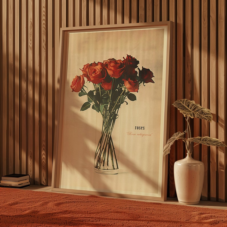 Ruby Roses Print Vintage Vase of Red Roses Print Antique Flower Illustration Botanical ...