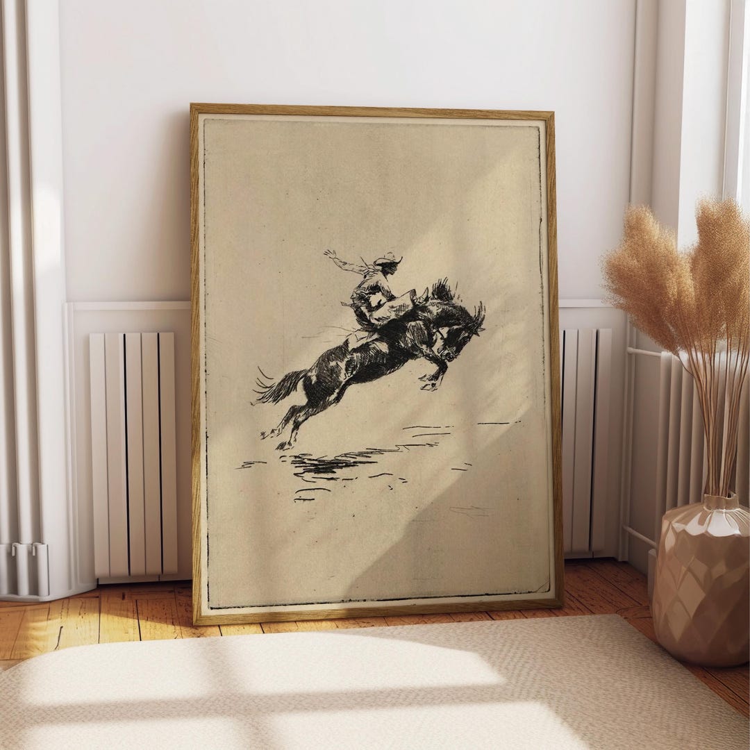 Vintage Cowboy Print, Bucking Bronco Rodeo Wall Art, Western Sketch ...