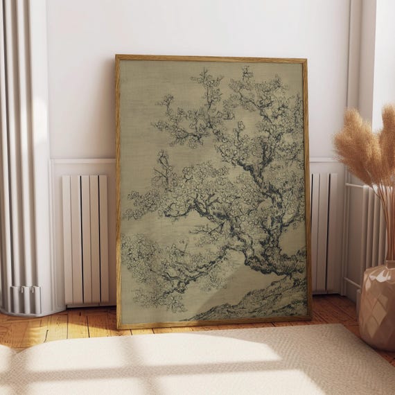 Vintage Cherry Blossom Print, Japanese Ink Sketch Tree Wall Art, Antique Botanical Nature Poster, Minimalist Sage Green Floral Decor Print