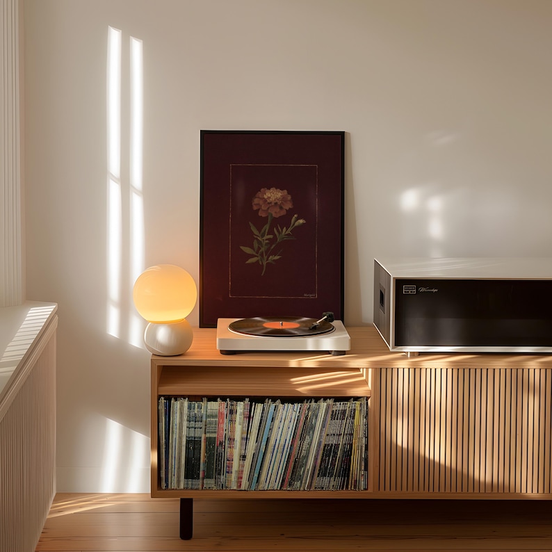 May include: A mid-century modern style wooden cabinet with a record player, a framed floral print, and a spherical lamp. The cabinet has a slatted door and holds a collection of vinyl records. The lamp emits a warm, soft glow.
