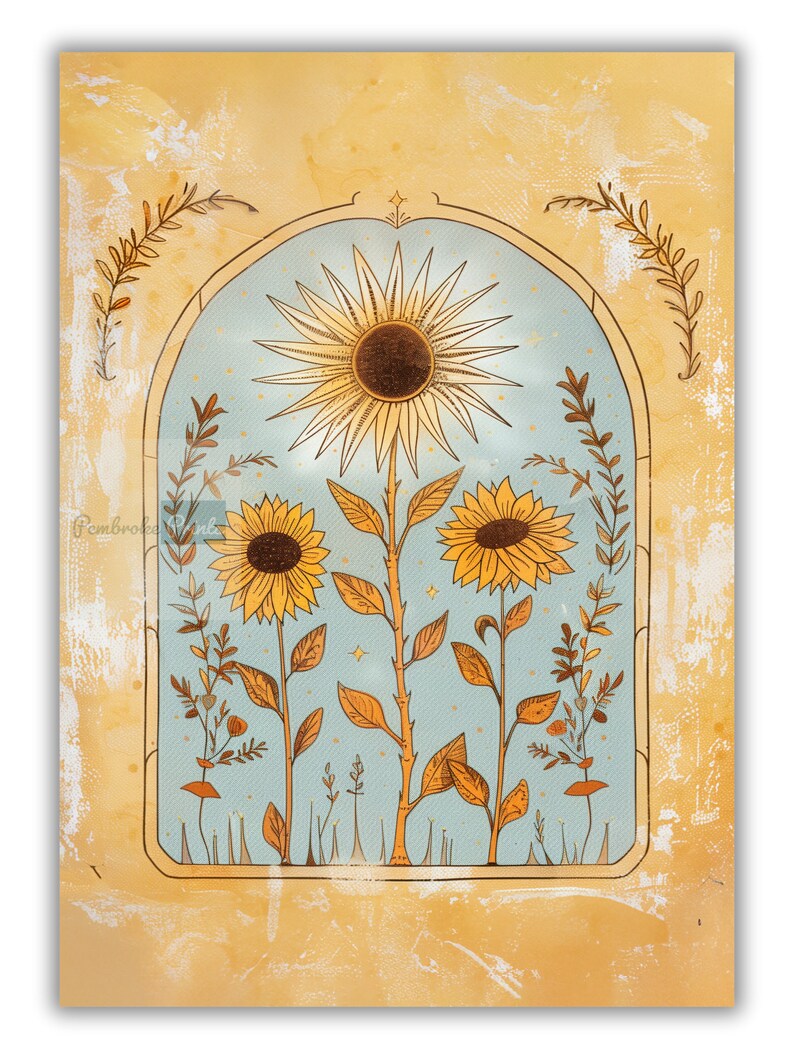 Sunflower Sun Art Poster Mystical Folk Art Illustration Flowery Spiritual Print Botanical Boho Wall Art Earth Tones Flowery Bedroom Decor