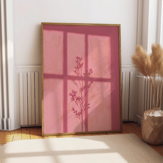 Pastel Pink Shadow Botanical Print, Blush Window Light Plant Wall Art, Feminine Floral Shadow Poster, Trendy Aesthetic Bedroom Decor