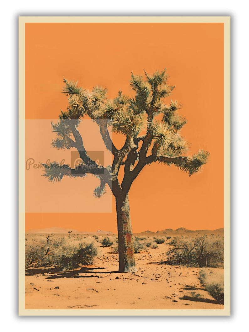 May include: A single Joshua tree stands tall in a desert landscape. The tree has a thick trunk and many branches with green needles. The background is a bright orange color.