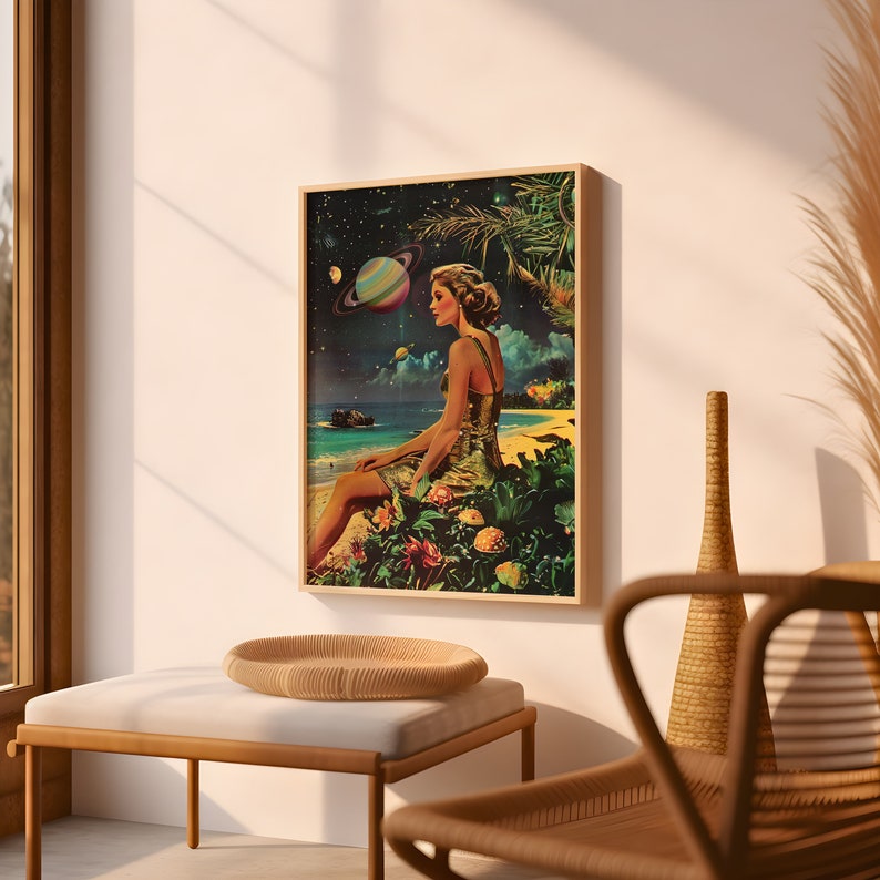 May include: A retro-style collage print featuring a woman sitting on a tropical beach, gazing at a planet with rings in the night sky. The print has a vibrant color palette and a whimsical feel.