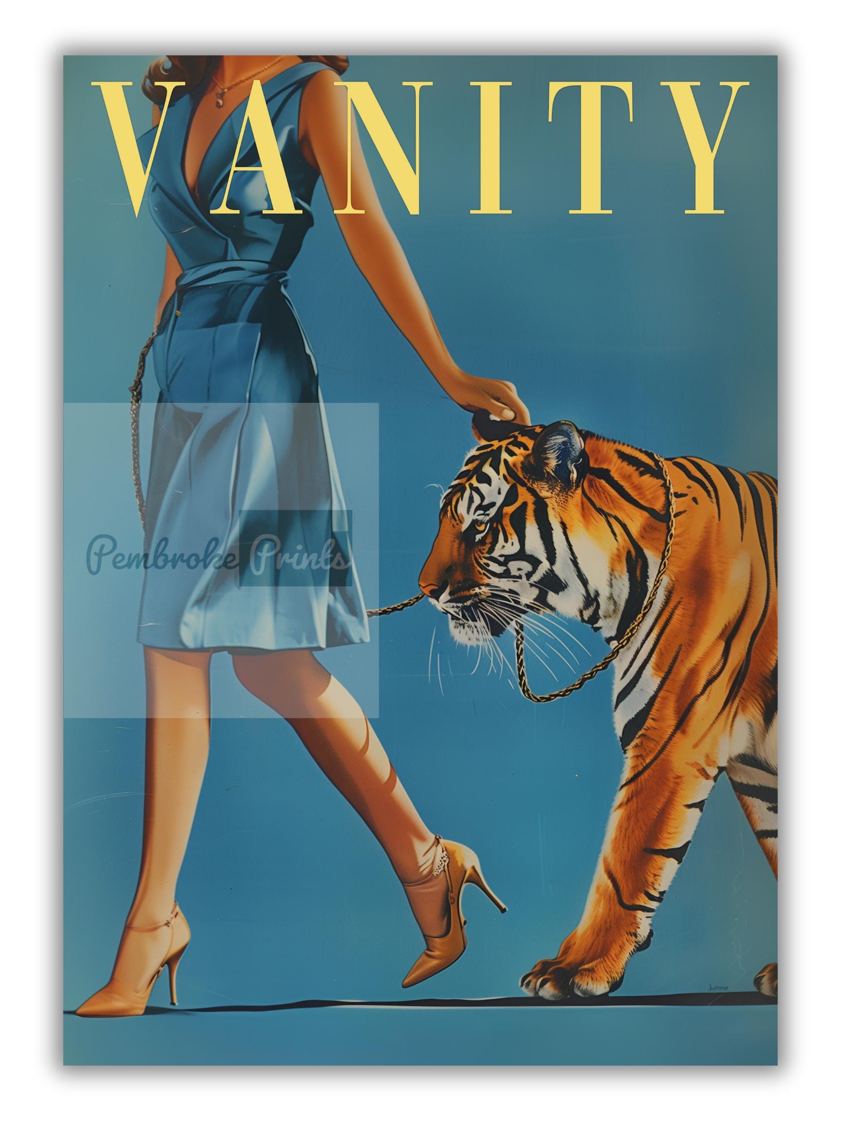 Vintage Woman Walking Tiger Wall Art - Retro Feminist Poster With Vanity Magazine Style