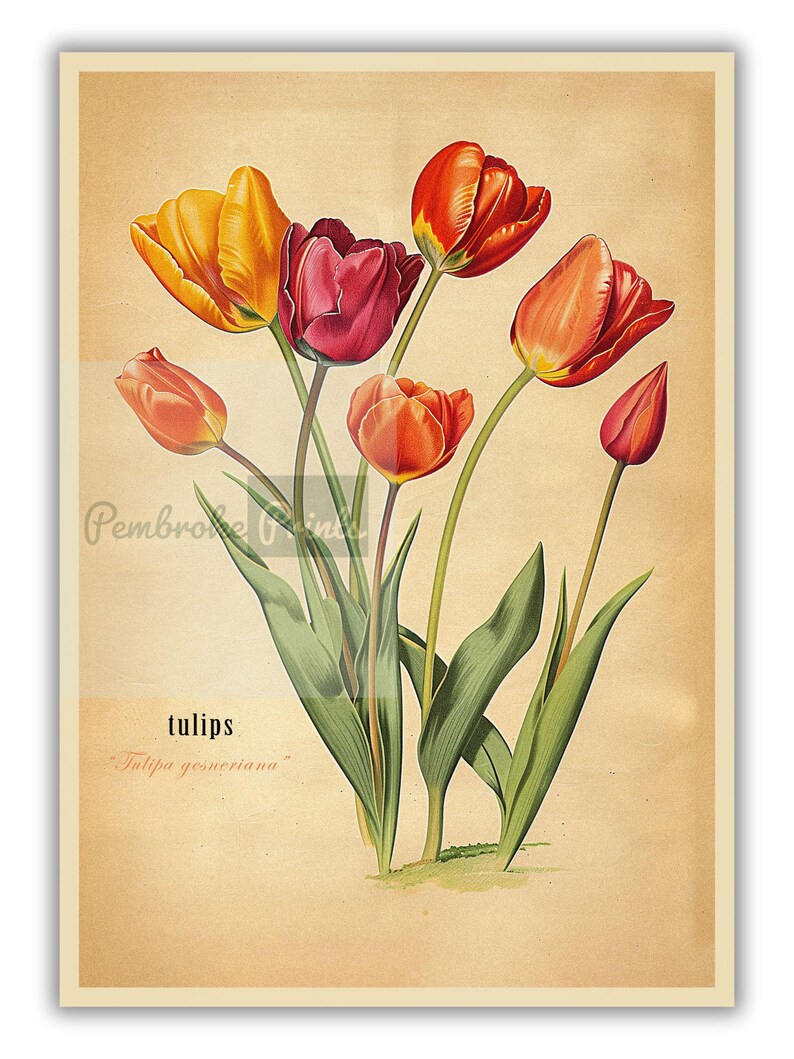 Może przedstawiać: Winietkowa ilustracja botaniczna tulipan&oacute;w w odcieniach czerwieni, pomarańczy i ż&oacute;łci. Ilustracja znajduje się na kremowym tle z tekstem "tulips" i "Tulipa gesneriana" napisanym pod kwiatami.