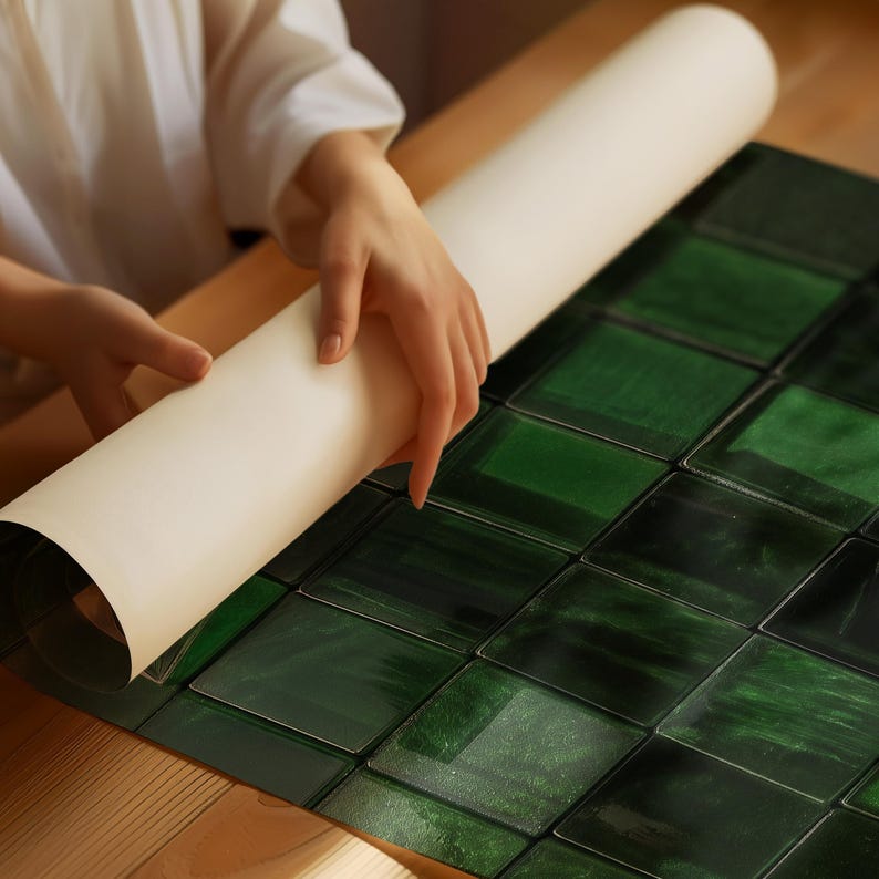 May include: A person is unrolling a cream-colored paper roll onto a surface of dark green, square tiles. The tiles have a glossy finish and are arranged in a grid pattern. The scene is set on a wooden surface.