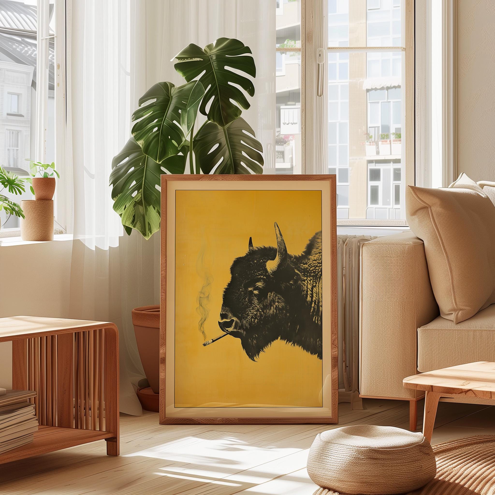 Bison Smoking a Cigarette Vintage Poster Art Funny Buffalo Retro