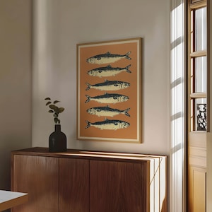 Retro popkonst-sardinertryck, vintage-affisch med utomhustidning, väggkonst med stuga, väggdekor med fiske, affisch för pappa bild 7