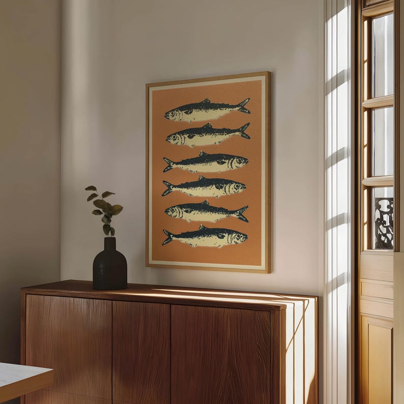 Retro popkonst-sardinertryck, vintage-affisch med utomhustidning, väggkonst med stuga, väggdekor med fiske, affisch för pappa bild 7