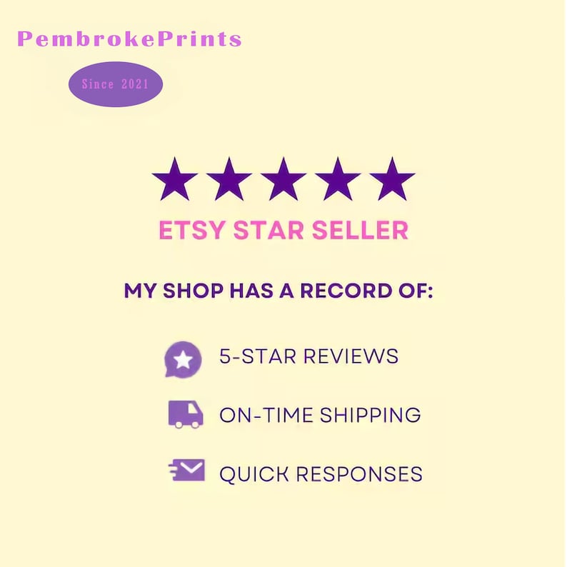 May include: A graphic with five purple stars, the text "ETSY STAR SELLER", and the text "MY SHOP HAS A RECORD OF:" followed by three icons and text: a speech bubble with a star and the text "5-STAR REVIEWS", a truck icon and the text "ON-TIME SHIPPING", and an envelope icon and the text "QUICK RESPONSES".